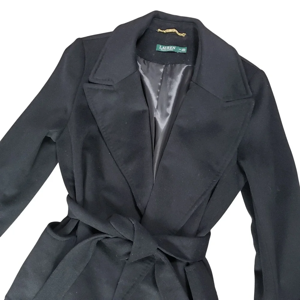 Ralph Lauren Black Wool Cashmere Wrap Belted Open Long Trench Coat Sz 14 - Picture 3 of 14